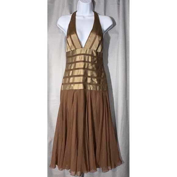 Us Mint Dresses & Skirts - Veronica Di Santo Atelier Halter Dress Silk Chiffon Gold Metallic Bronze US 8